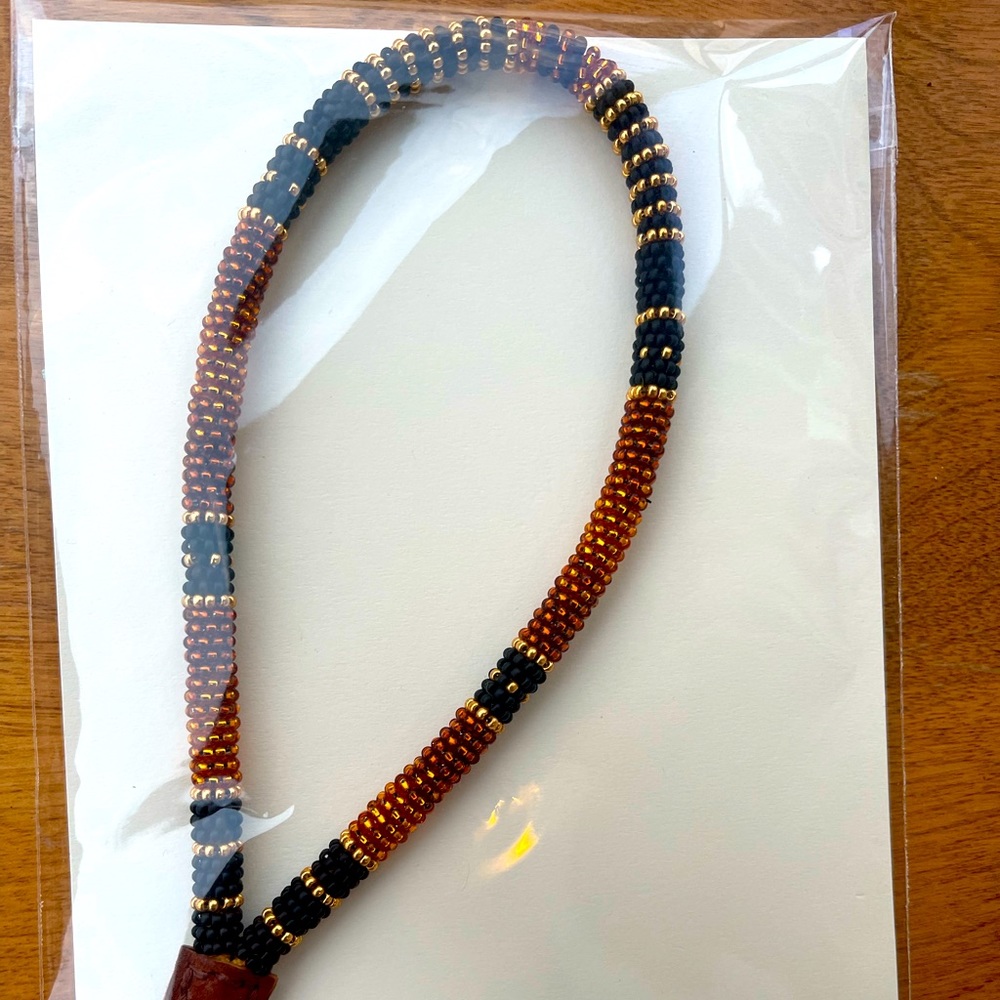 Brown, black and gold beaded lanyard wristlet keychain